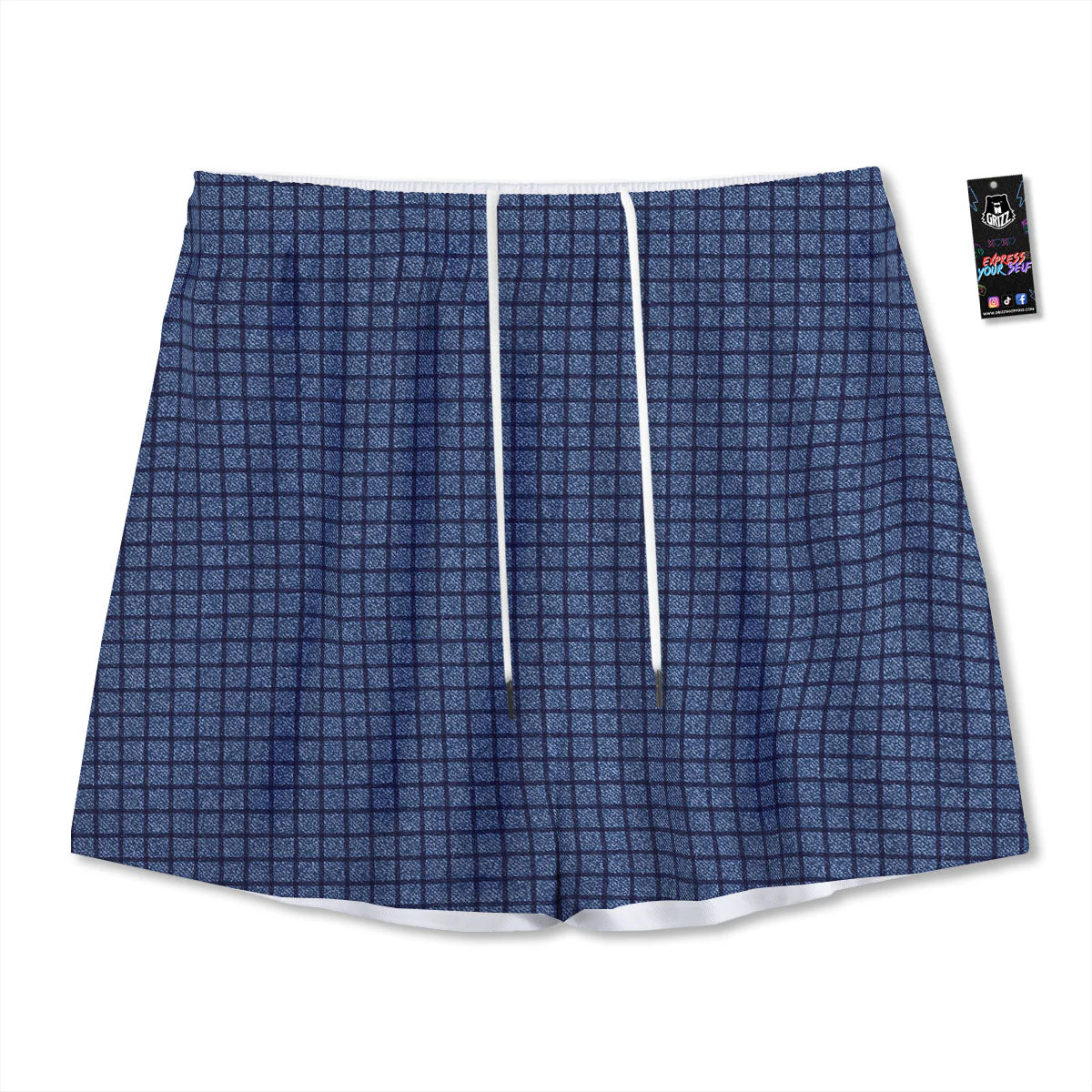 Windowpane Denim Print Pattern Mesh Shorts