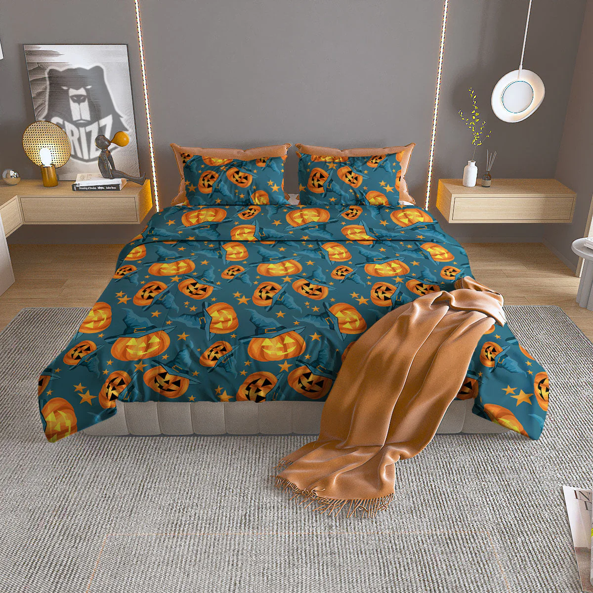 Witch Hat Pumpkin Print Pattern Duvet Cover Bedding Set