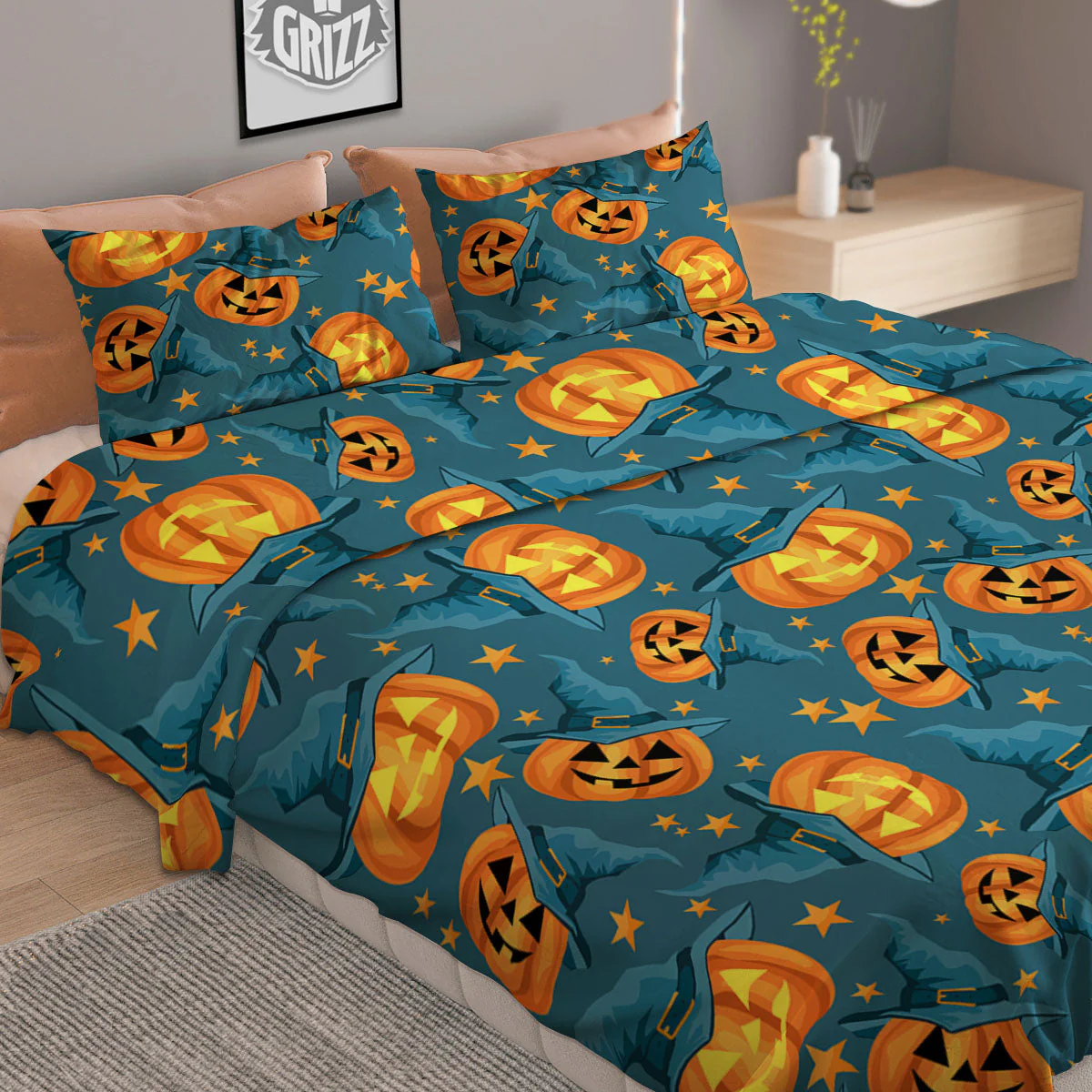 Witch Hat Pumpkin Print Pattern Duvet Cover Bedding Set - Image 2
