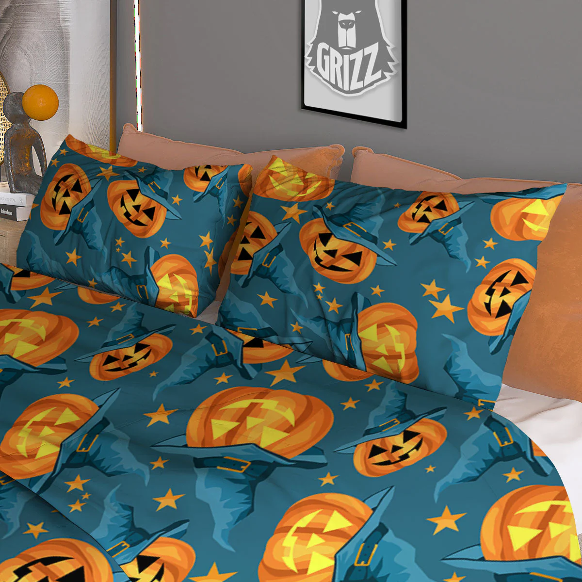 Witch Hat Pumpkin Print Pattern Duvet Cover Bedding Set - Image 3