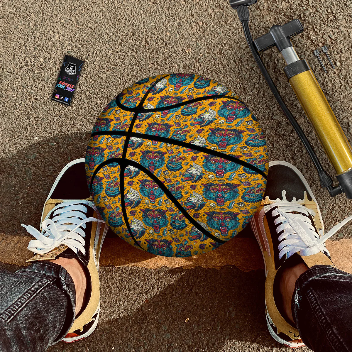 Wolf Head Yellow Tattoo Print Pattern Basketball - Image 2