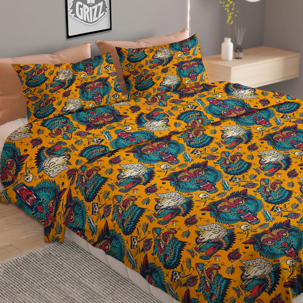 Wolf Head Yellow Tattoo Print Pattern Duvet Cover Bedding Set - Image 2