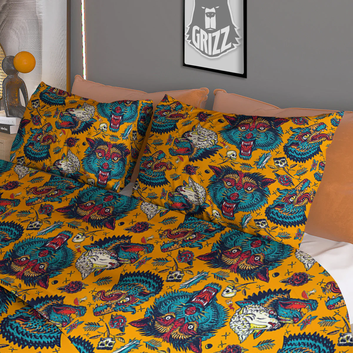 Wolf Head Yellow Tattoo Print Pattern Duvet Cover Bedding Set - Image 3