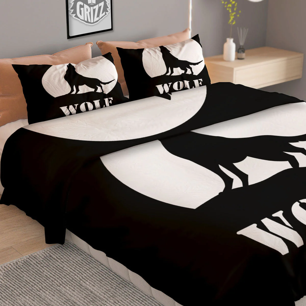 Wolf Howling Monochrome Print Duvet Cover Bedding Set - Image 2
