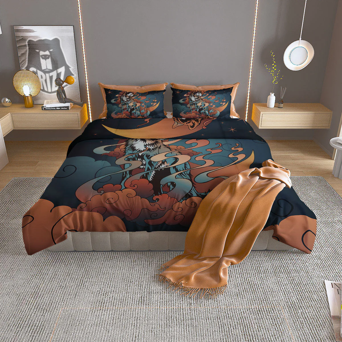 Wolf Spirit Night Forest Print Duvet Cover Bedding Set