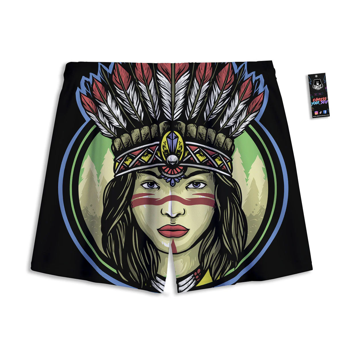 Woman Portrait Native Indian Print Mesh Shorts - Image 2