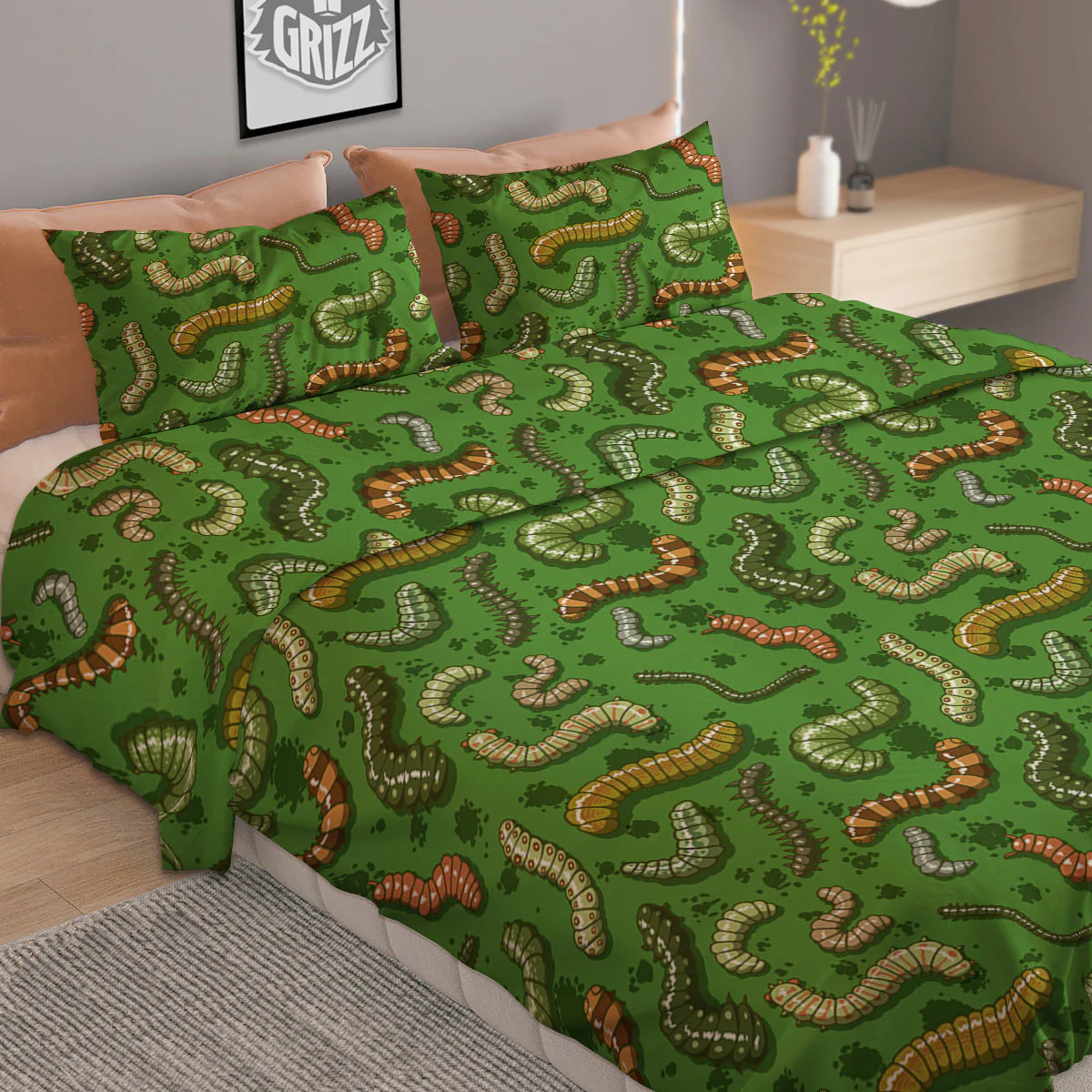 Worm Insect Green Print Pattern Duvet Cover Bedding Set - Image 2