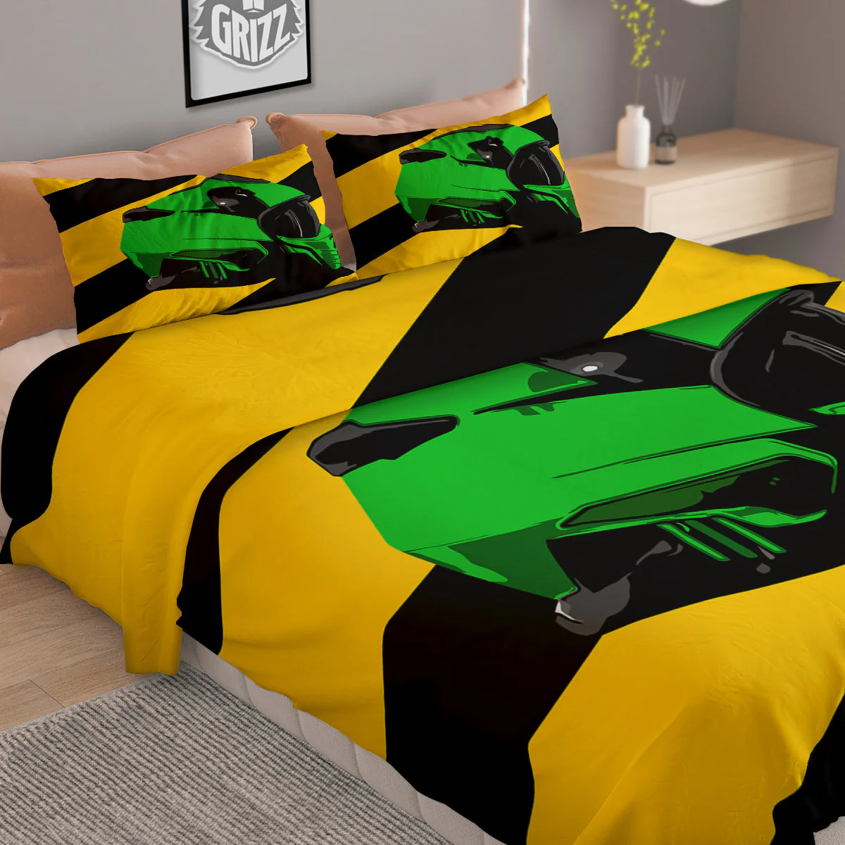 Yellow And Green Helmet Print Duvet Cover Bedding Set - Image 2