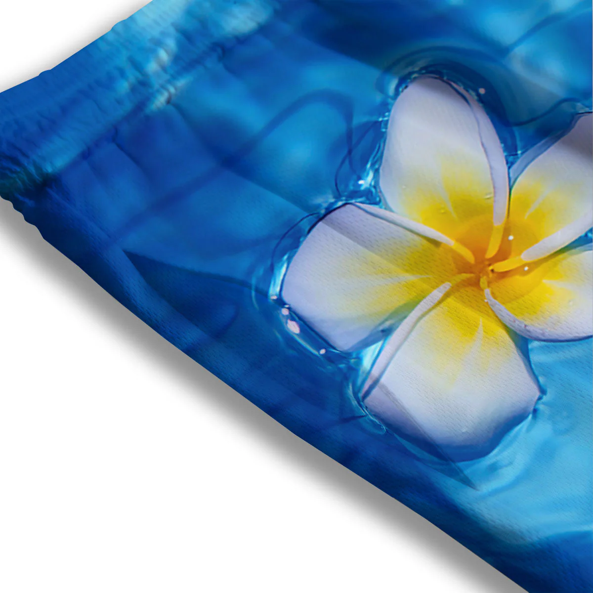 Yellow And White Plumeria In Water Print Mesh Shorts - Image 3