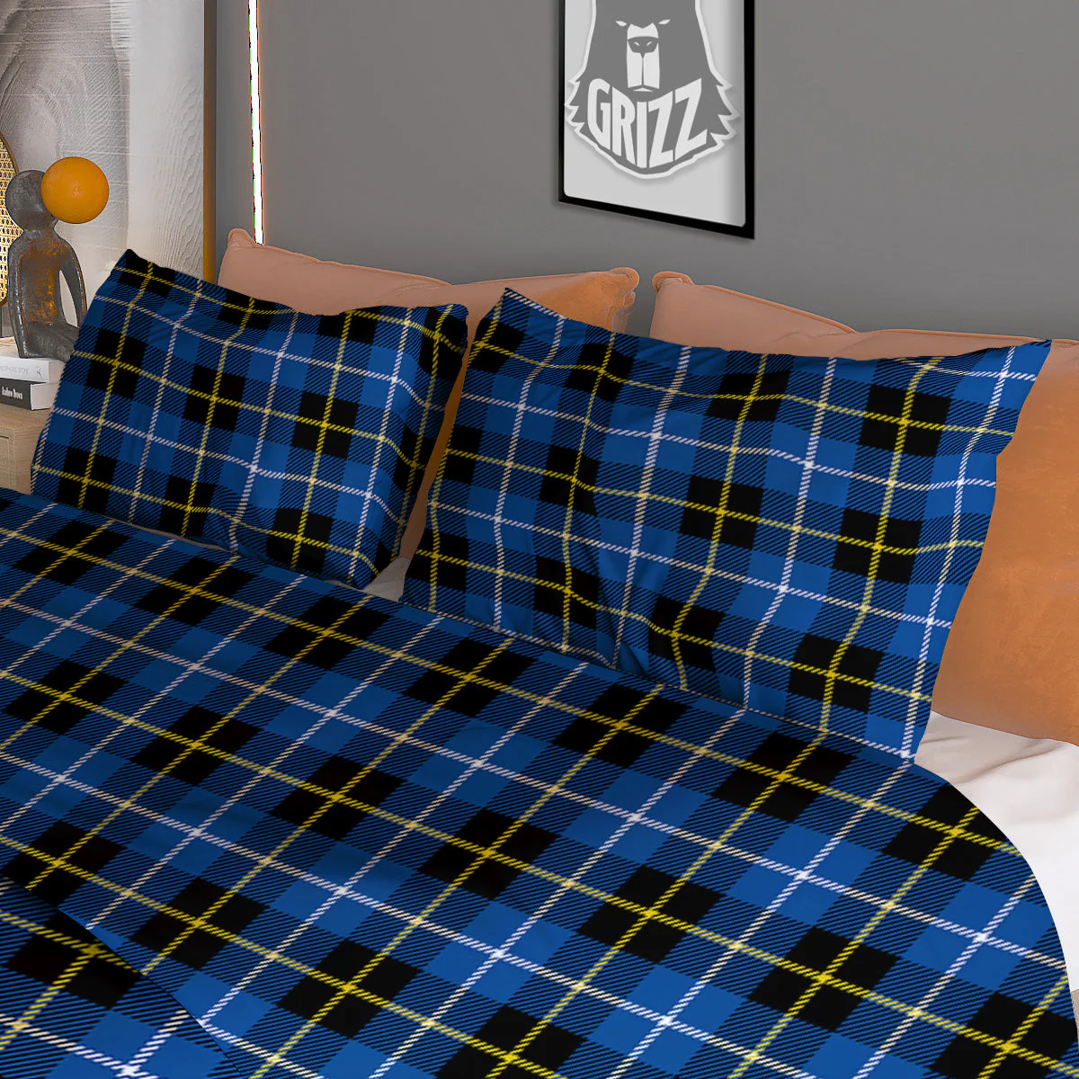Yellow Blue And Black Tartan Print Duvet Cover Bedding Set - Image 3