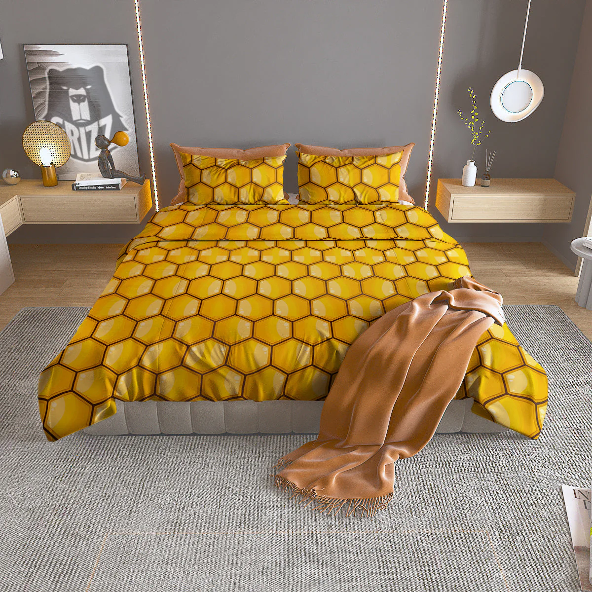 Yellow Honeycomb Print Pattern Duvet Cover Bedding Set