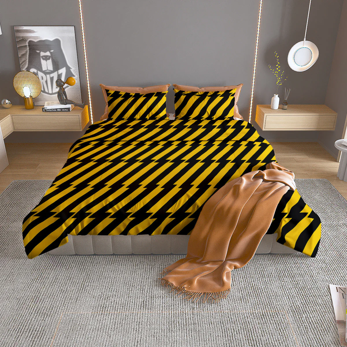 Yellow Lightning Spark Print Pattern Duvet Cover Bedding Set