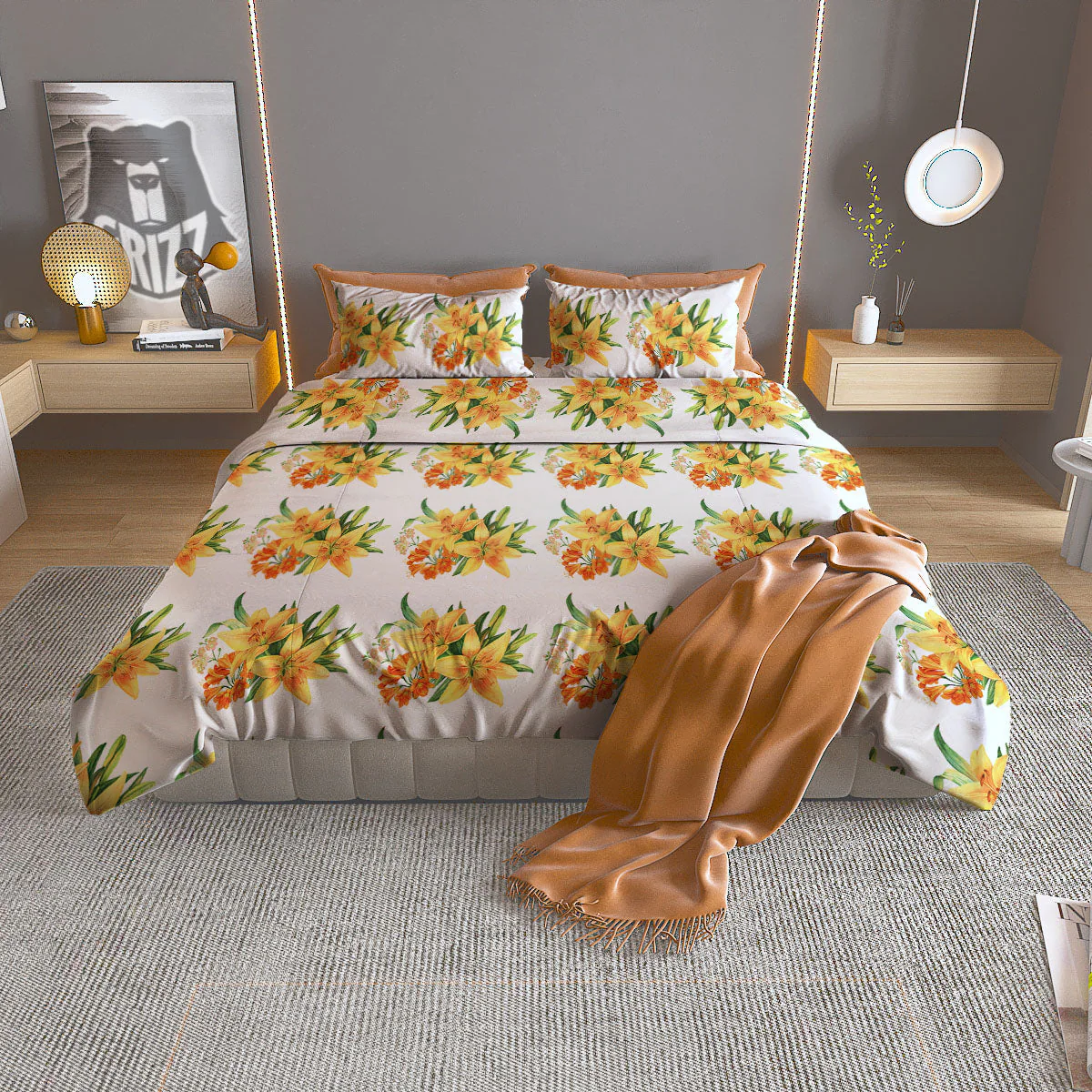 Yellow Lily Watercolor Print Pattern Duvet Cover Bedding Set