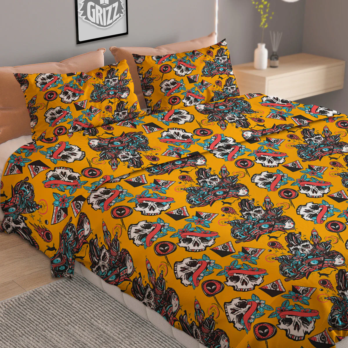 Yellow Skull Old School Tattoo Print Pattern Duvet Cover Bedding Set - Image 2