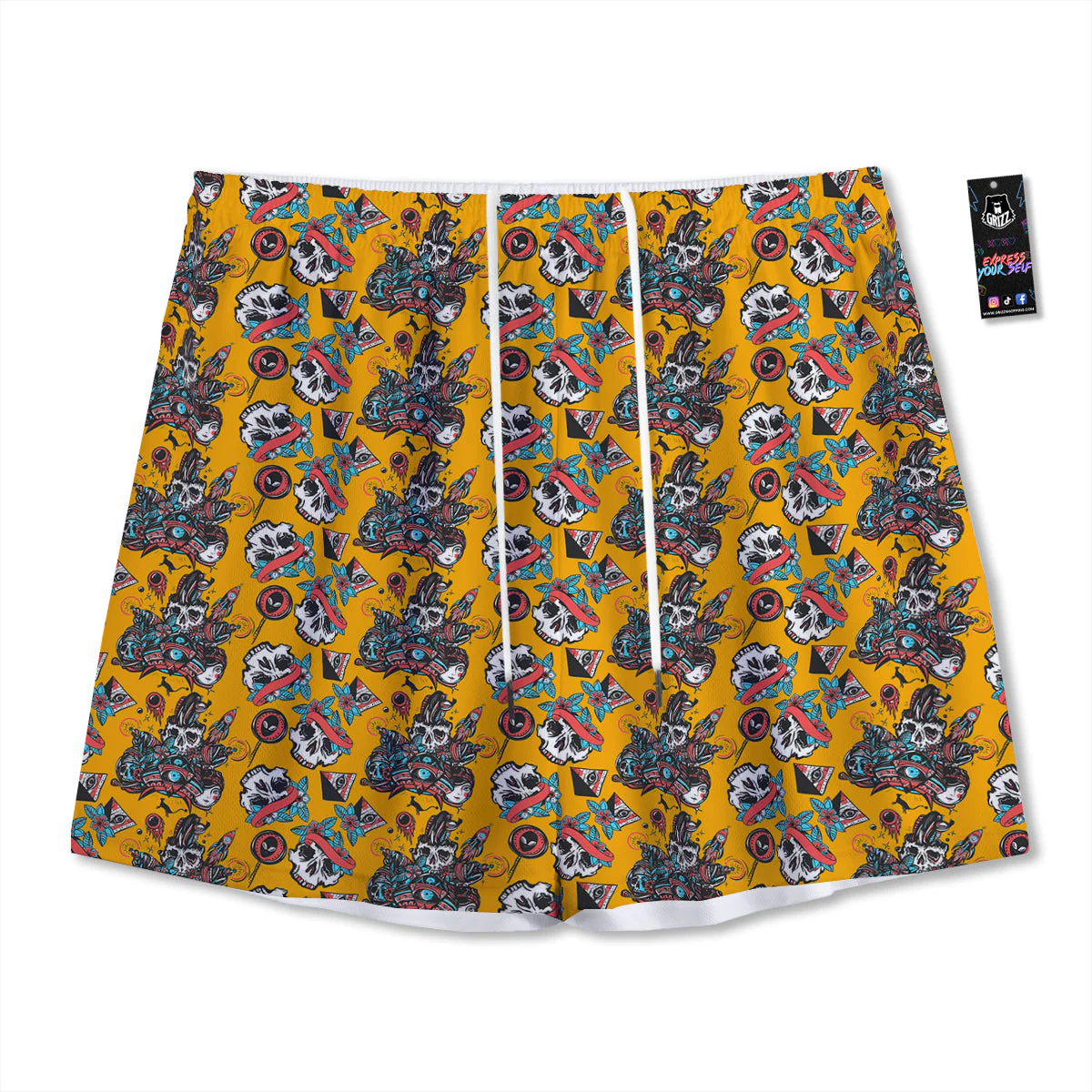 Yellow Skull Old School Tattoo Print Pattern Mesh Shorts