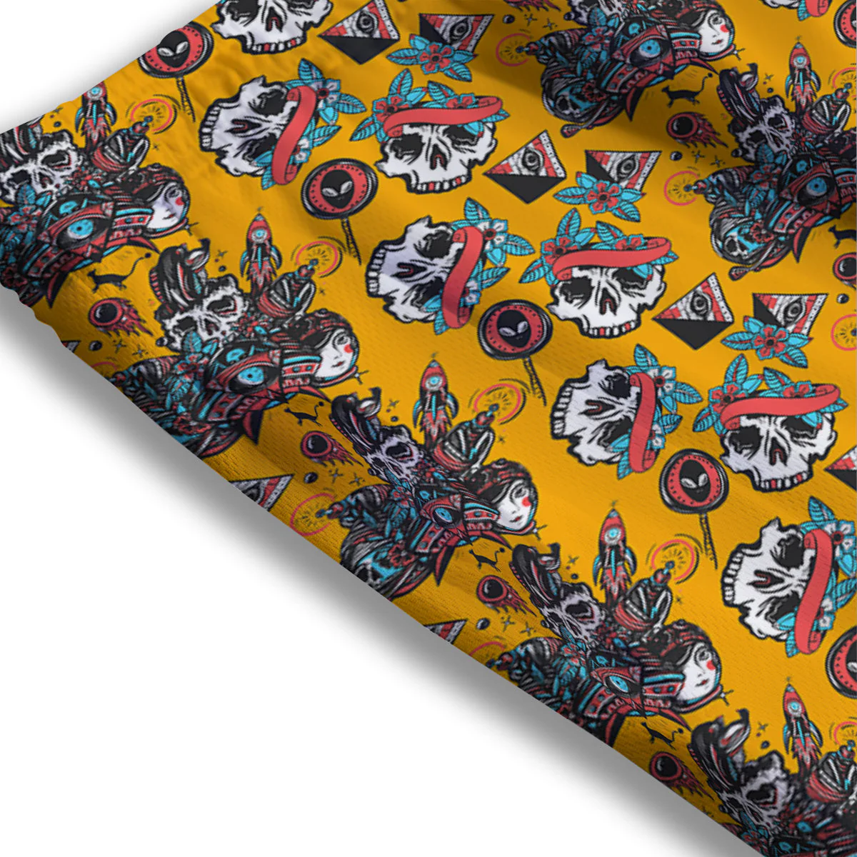 Yellow Skull Old School Tattoo Print Pattern Mesh Shorts - Image 3