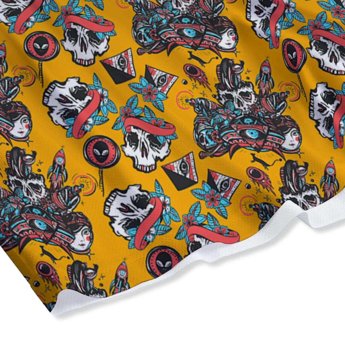 Yellow Skull Old School Tattoo Print Pattern Mesh Shorts - Image 4