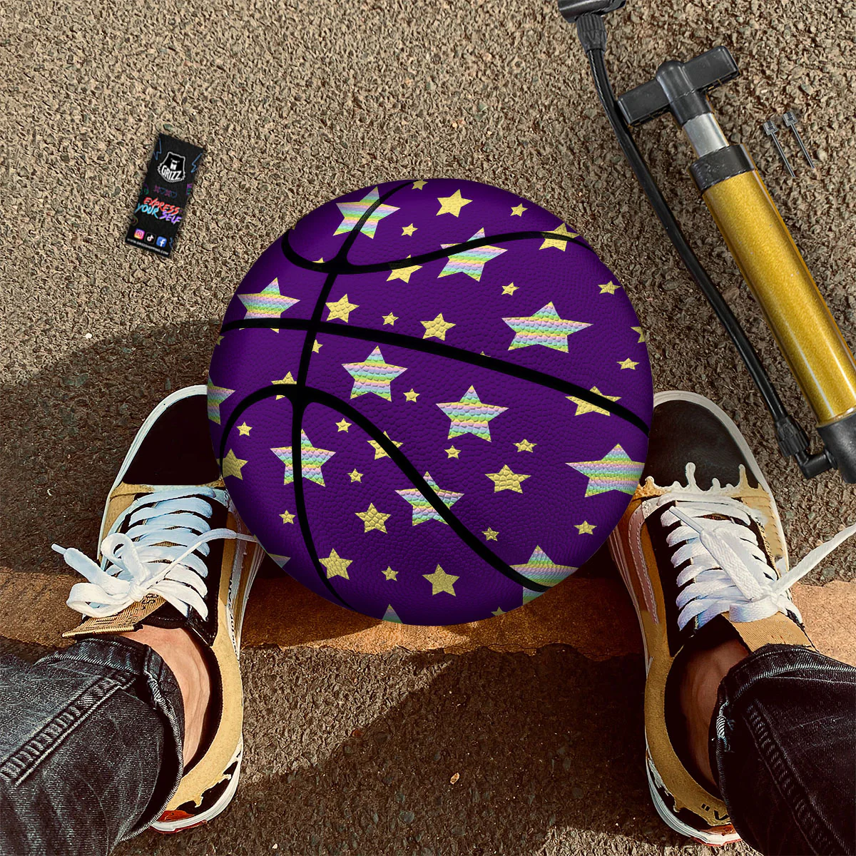 Yellow Stars Purple Print Pattern Basketball - Image 2