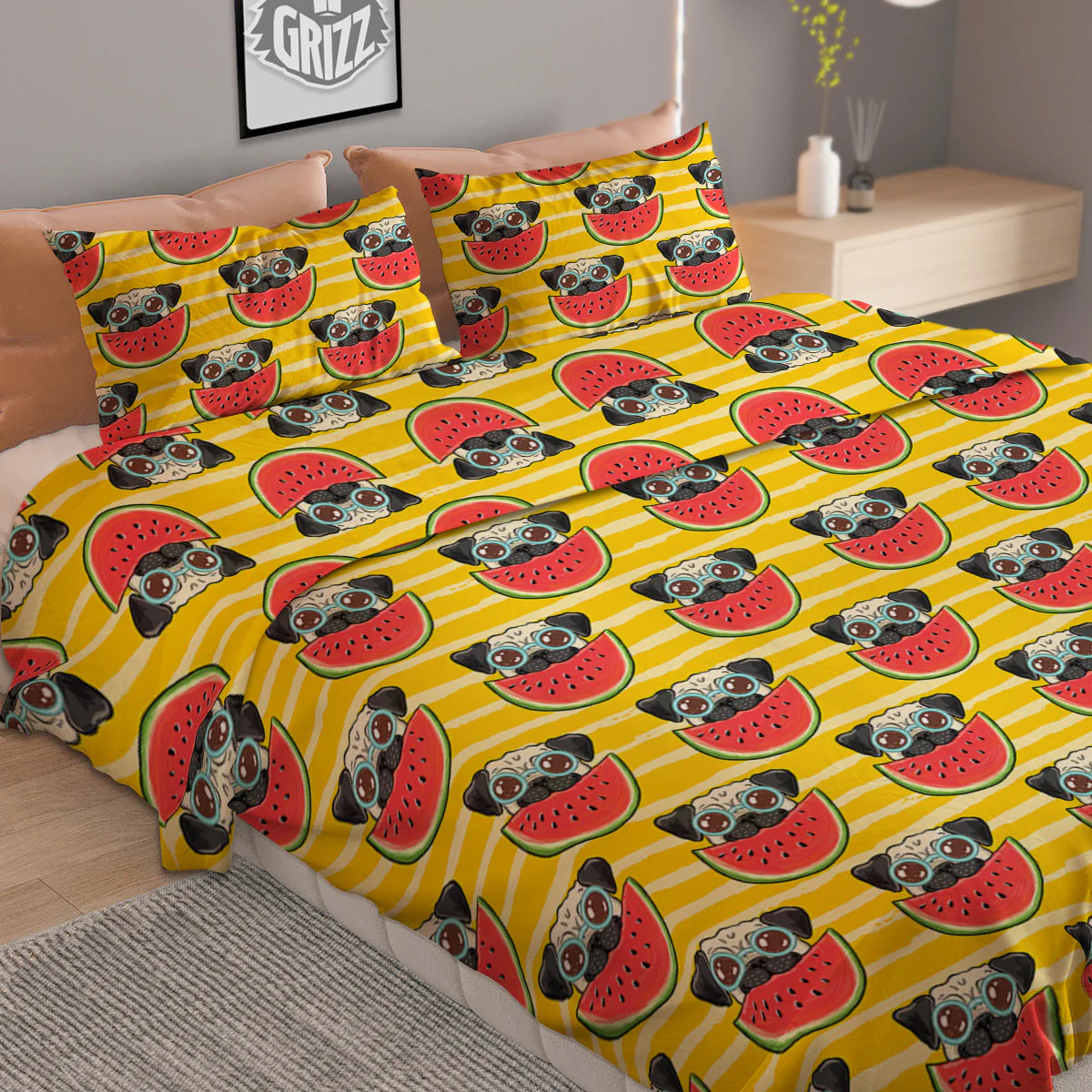 Yellow Striped Pug Dog Print Pattern Duvet Cover Bedding Set - Image 2