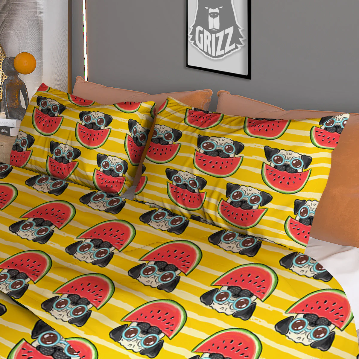 Yellow Striped Pug Dog Print Pattern Duvet Cover Bedding Set - Image 3