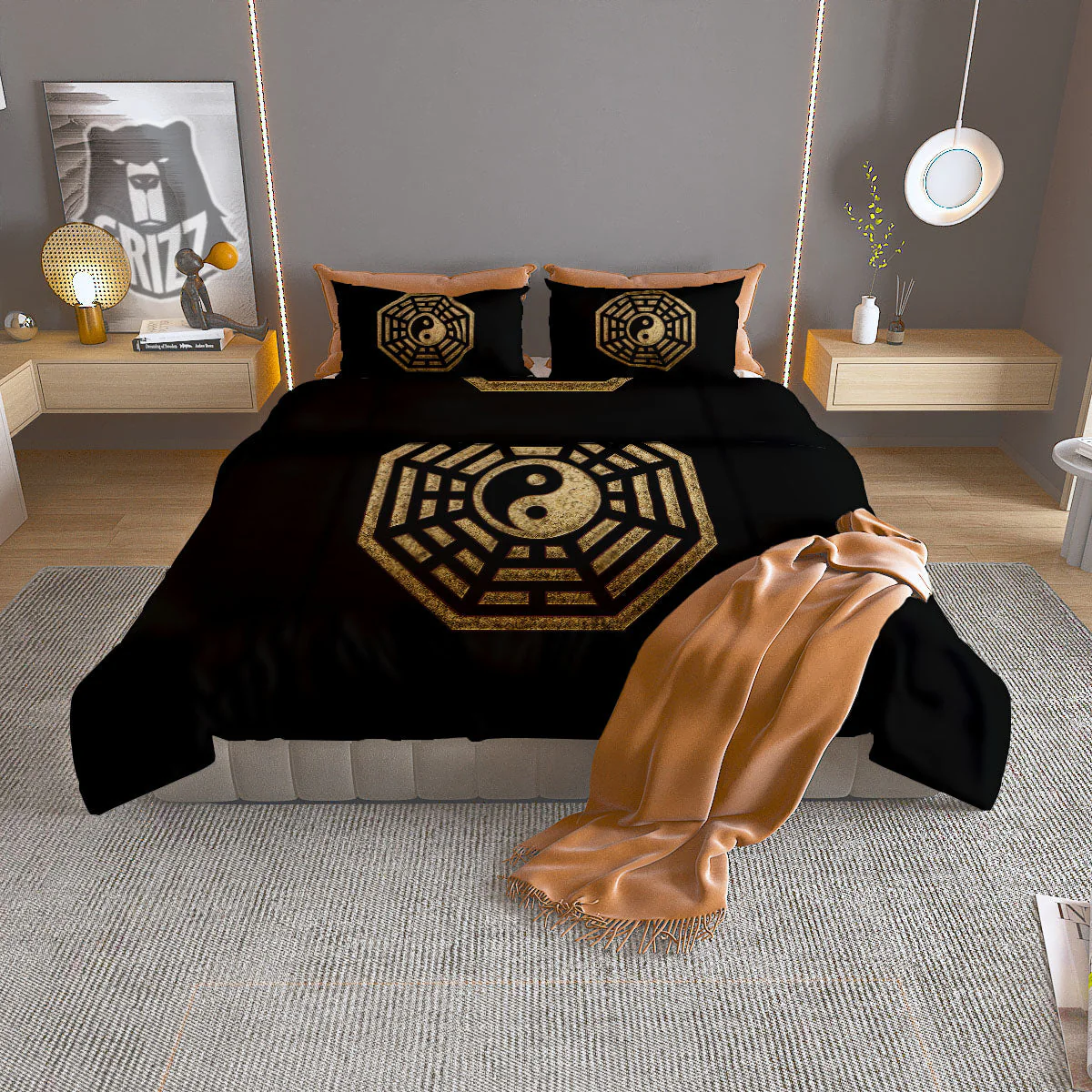 Yin Yang Gold Bagua Print Duvet Cover Bedding Set