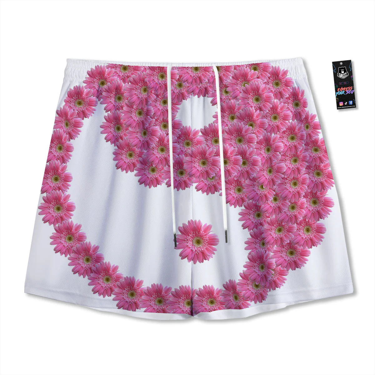 Yin Yang Pink Flowers Print Mesh Shorts