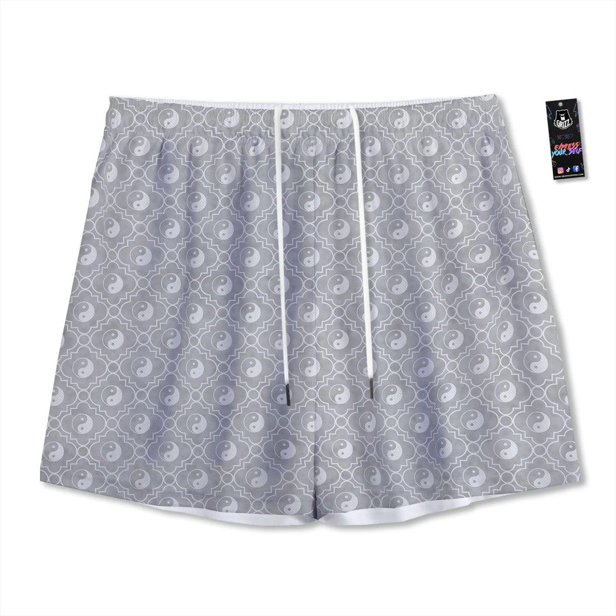 Yin Yang White And Grey Print Pattern Mesh Shorts