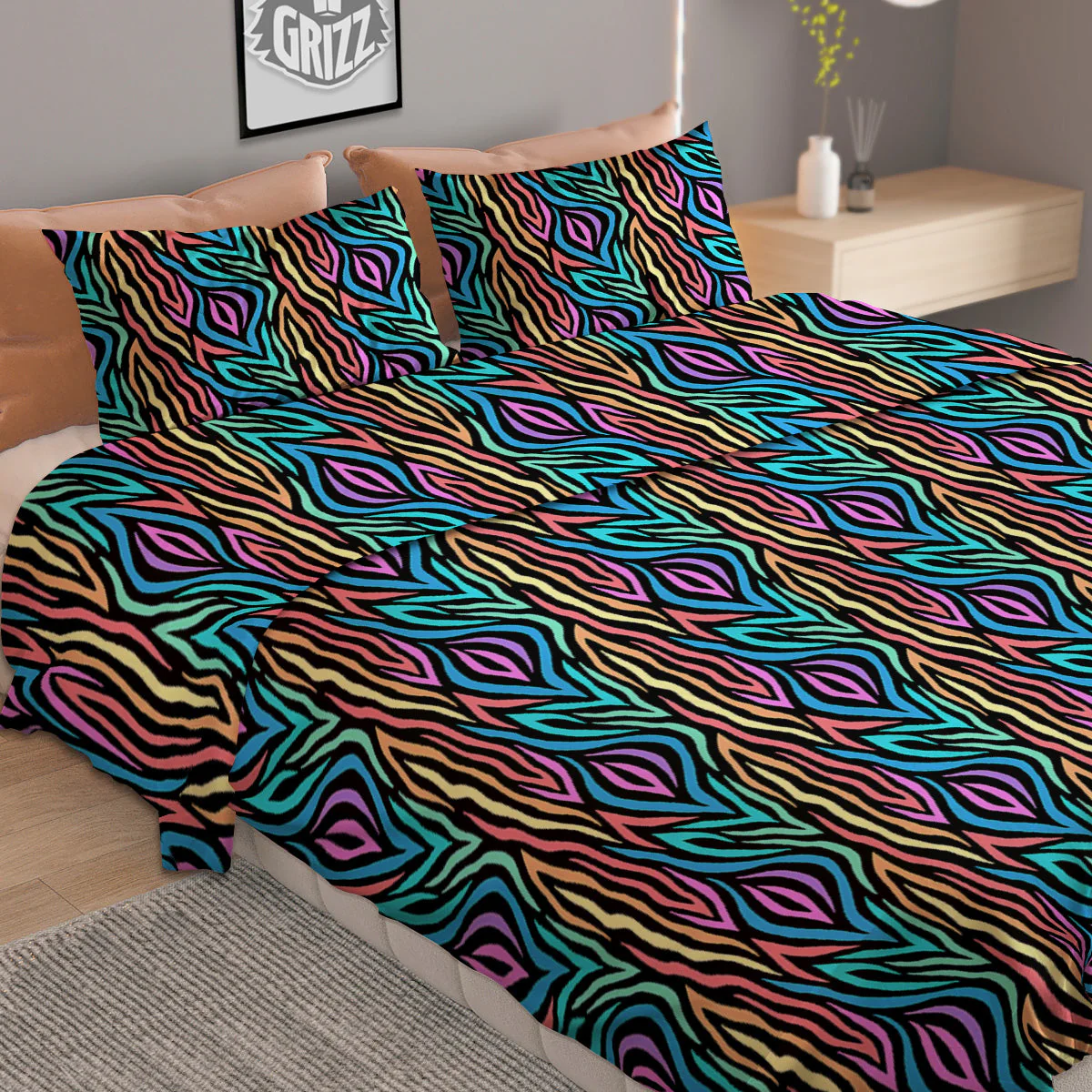 Zebra Colorful Print Pattern Duvet Cover Bedding Set - Image 2