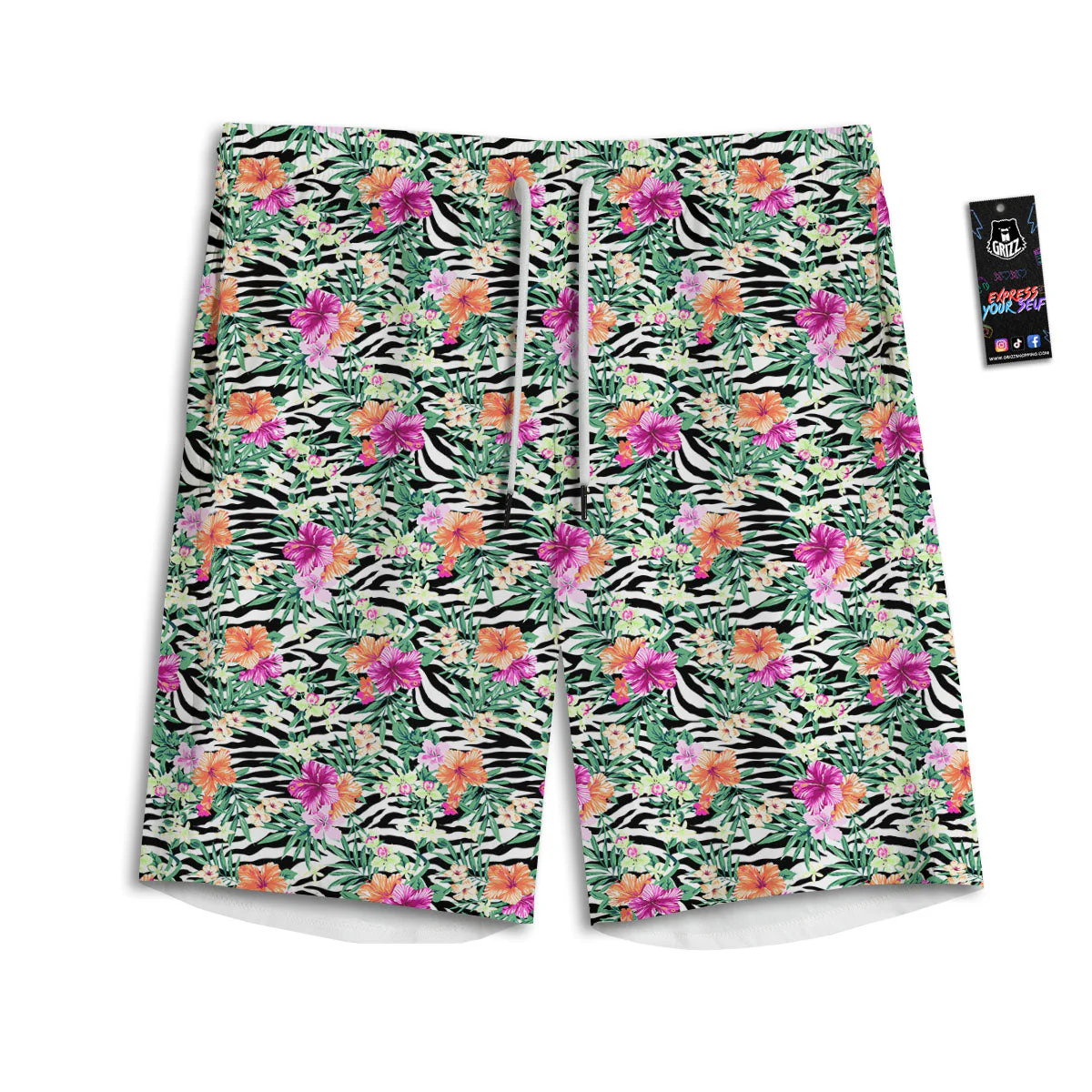 Zebra Floral Black White Print Pattern Men's Athletic Shorts
