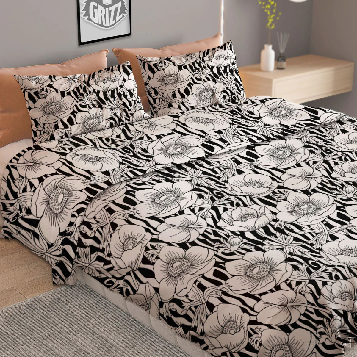 Zebra Flower Black White Print Pattern Duvet Cover Bedding Set - Image 2