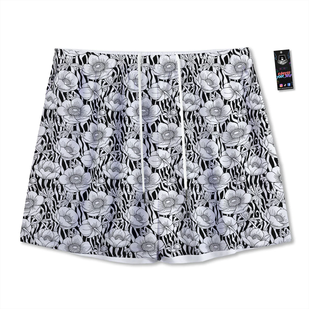 Zebra Flower Black White Print Pattern Mesh Shorts