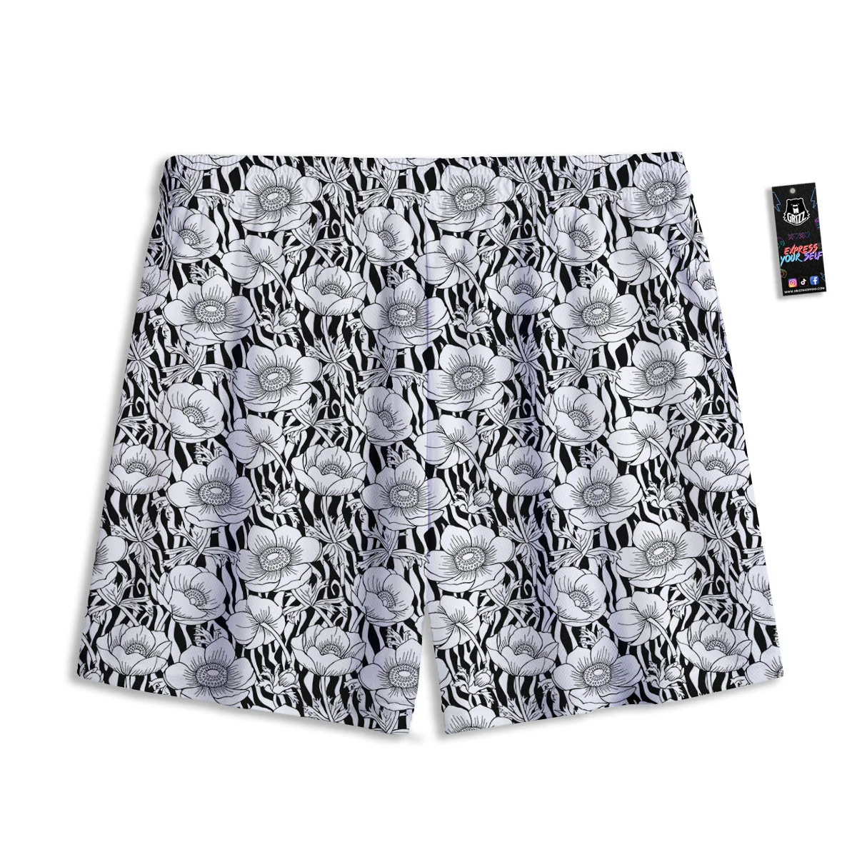 Zebra Flower Black White Print Pattern Mesh Shorts - Image 2