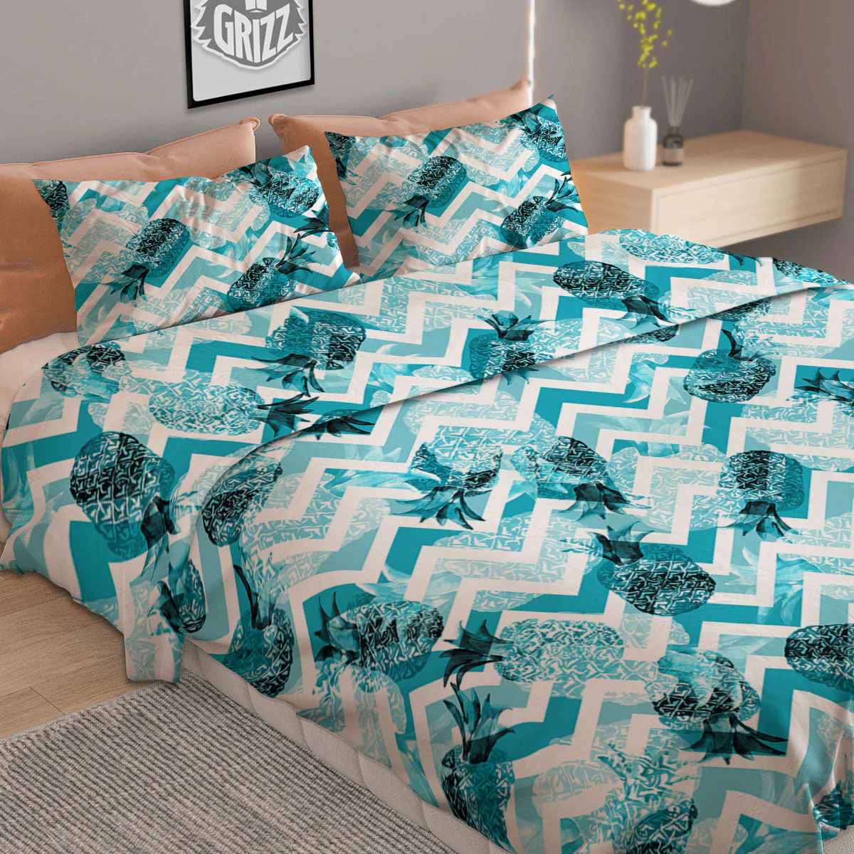 Zig Zag Pastel Pineapple Print Pattern Duvet Cover Bedding Set - Image 2