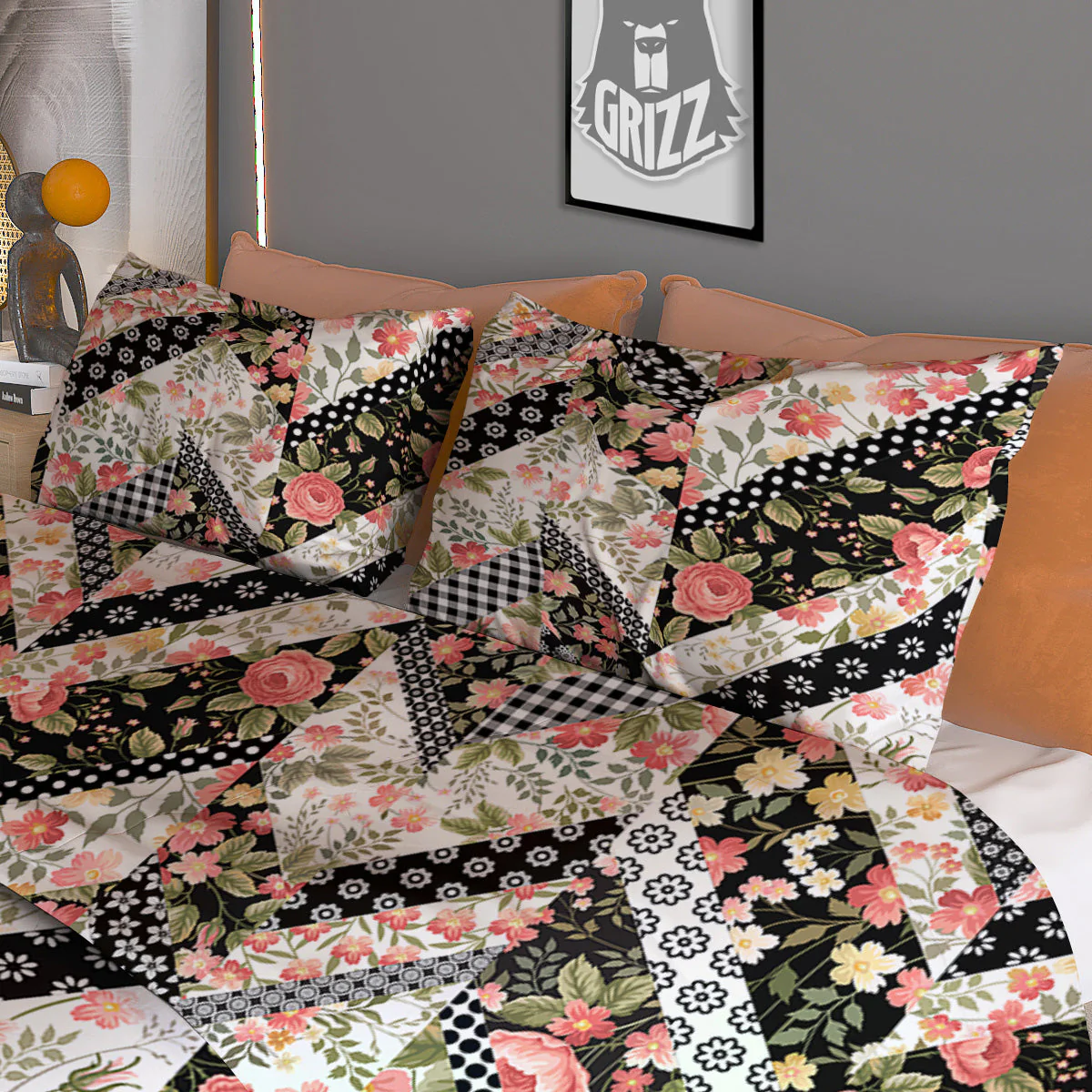 Zigzag Floral Patchwork Print Pattern Duvet Cover Bedding Set - Image 3
