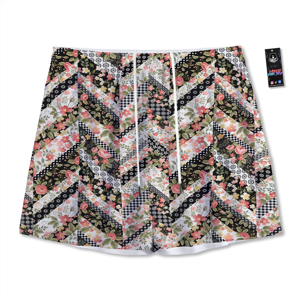 Zigzag Floral Patchwork Print Pattern Mesh Shorts