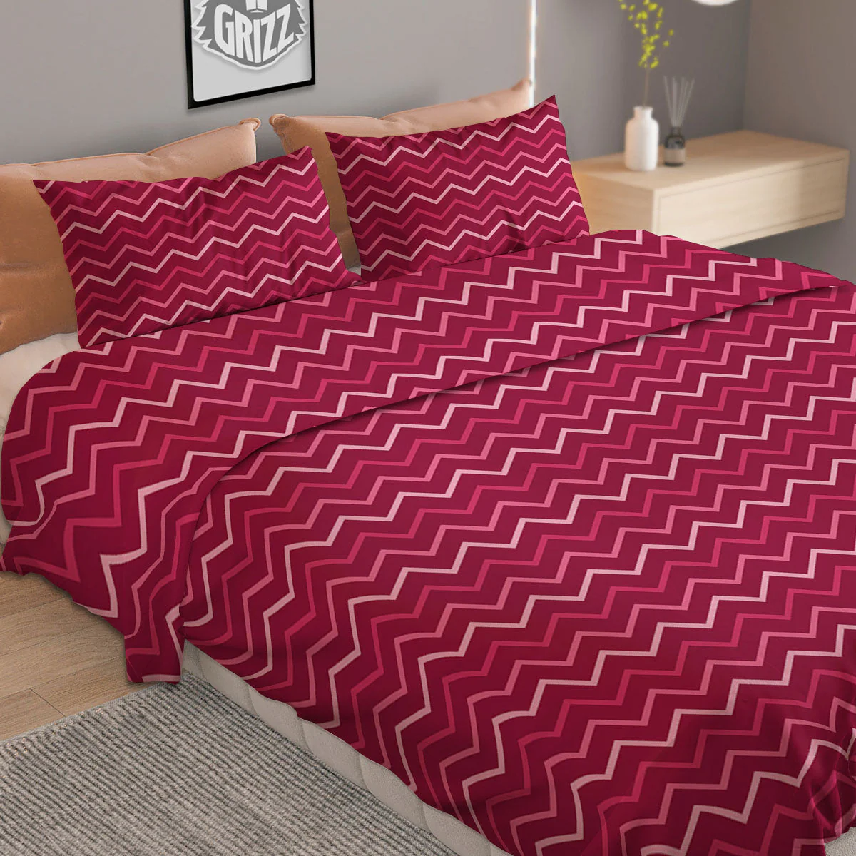 Zigzag Magenta Pink Print Pattern Duvet Cover Bedding Set - Image 2