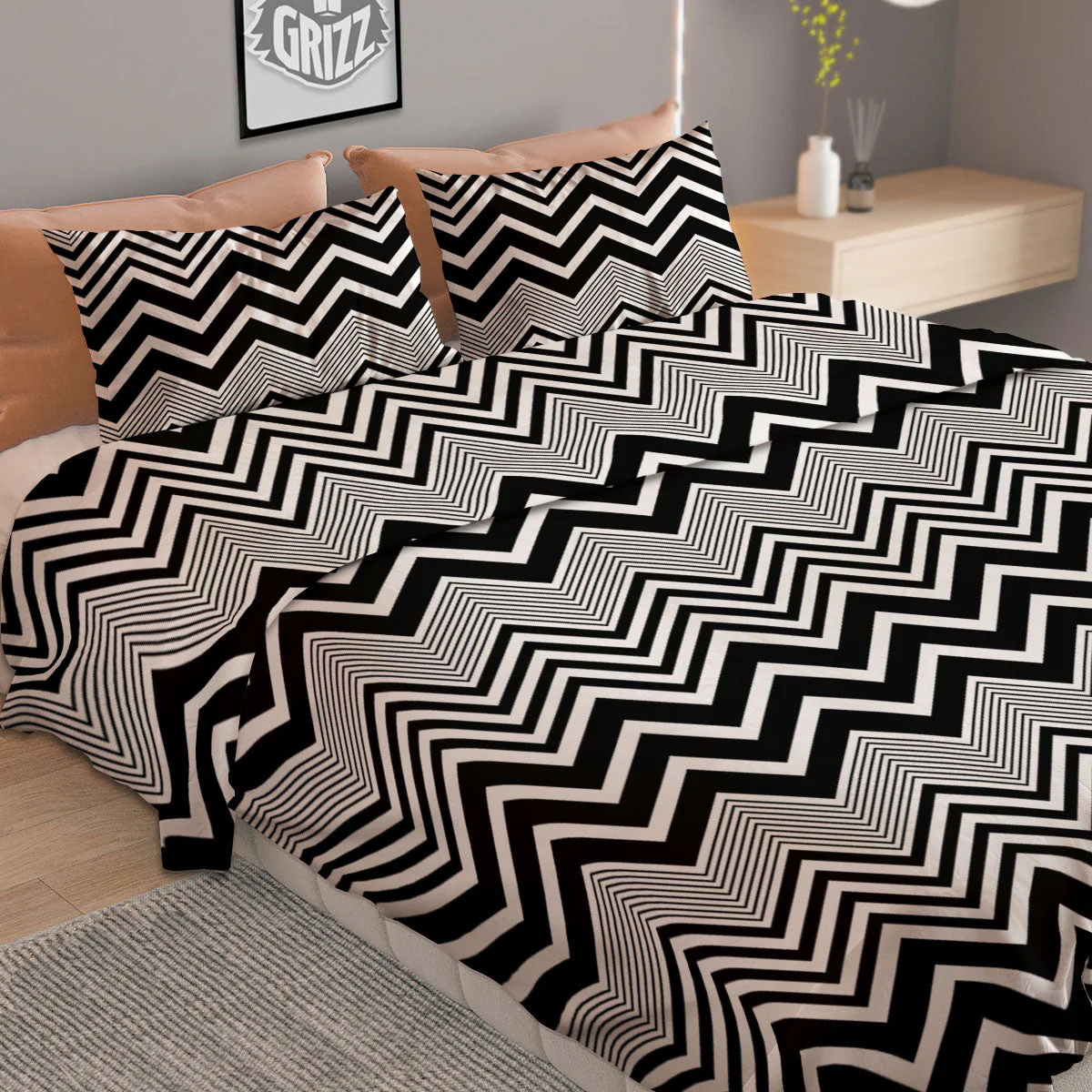 Zigzag White And Black Print Pattern Duvet Cover Bedding Set - Image 2