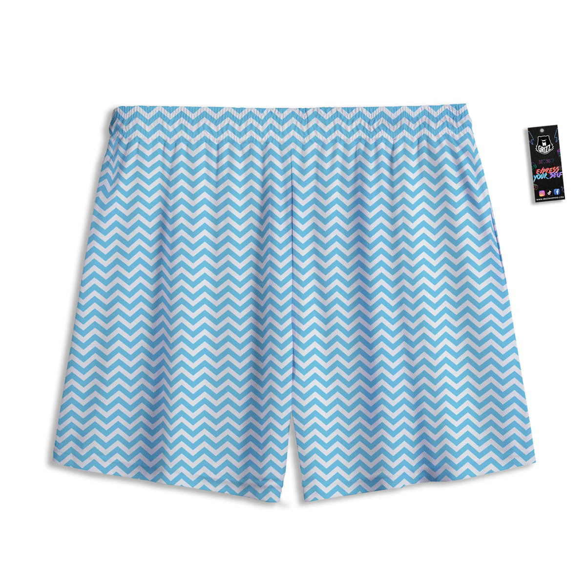 Zigzag White And Blue Print Pattern Mesh Shorts - Image 2