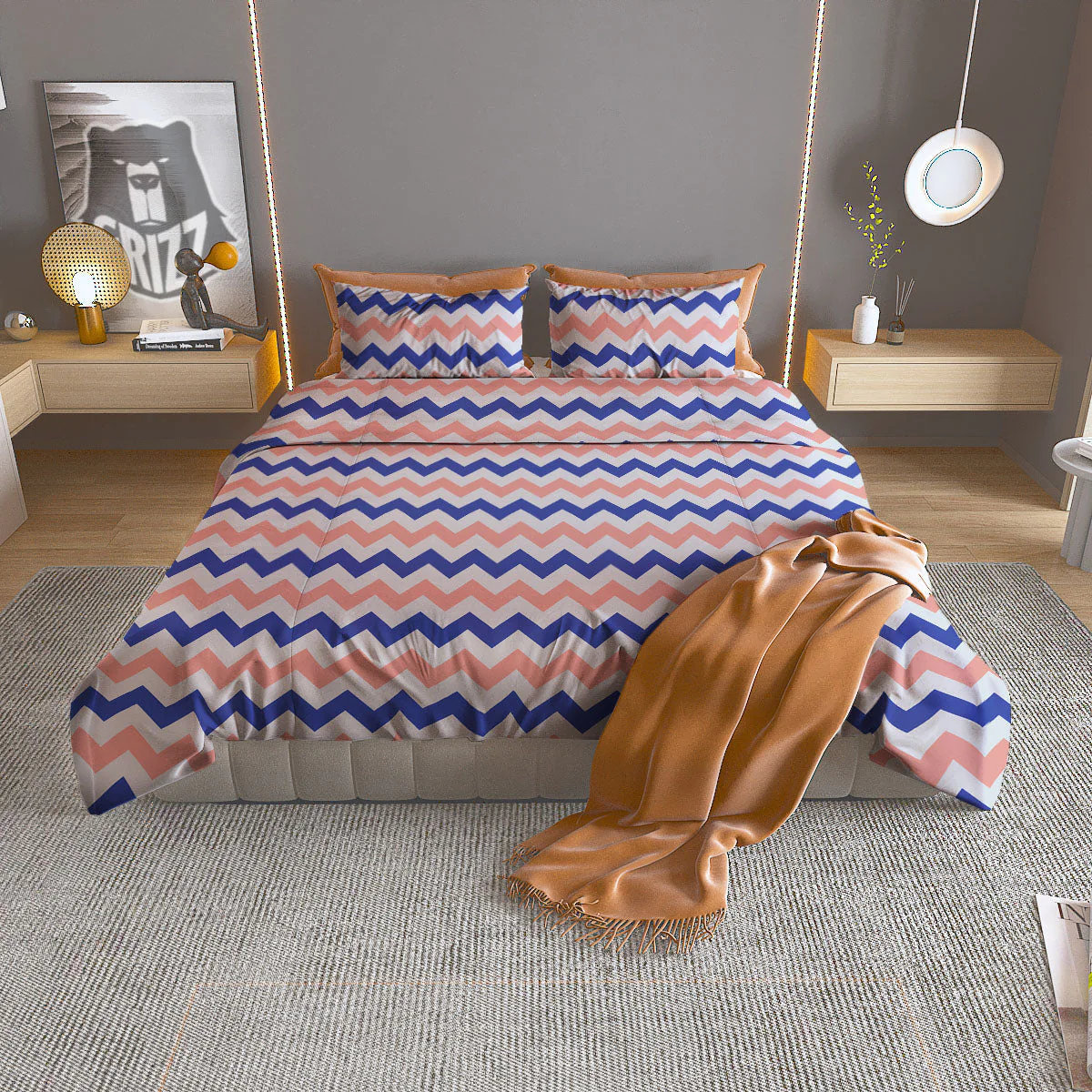 Zigzag White Pink And Navy Print Pattern Duvet Cover Bedding Set