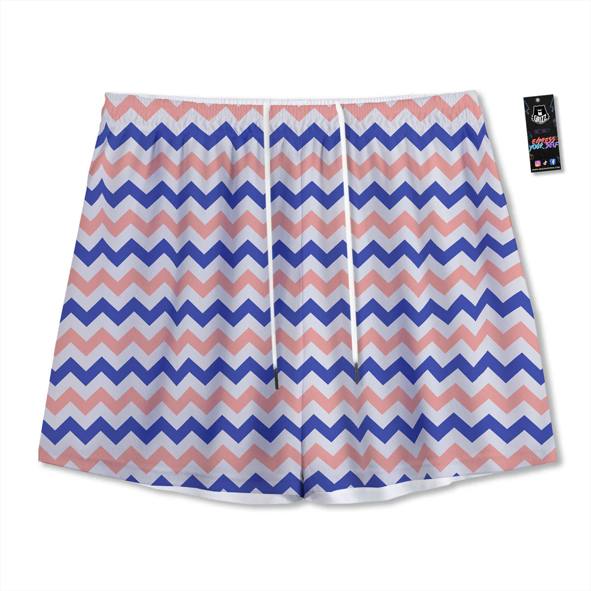 Zigzag White Pink And Navy Print Pattern Mesh Shorts