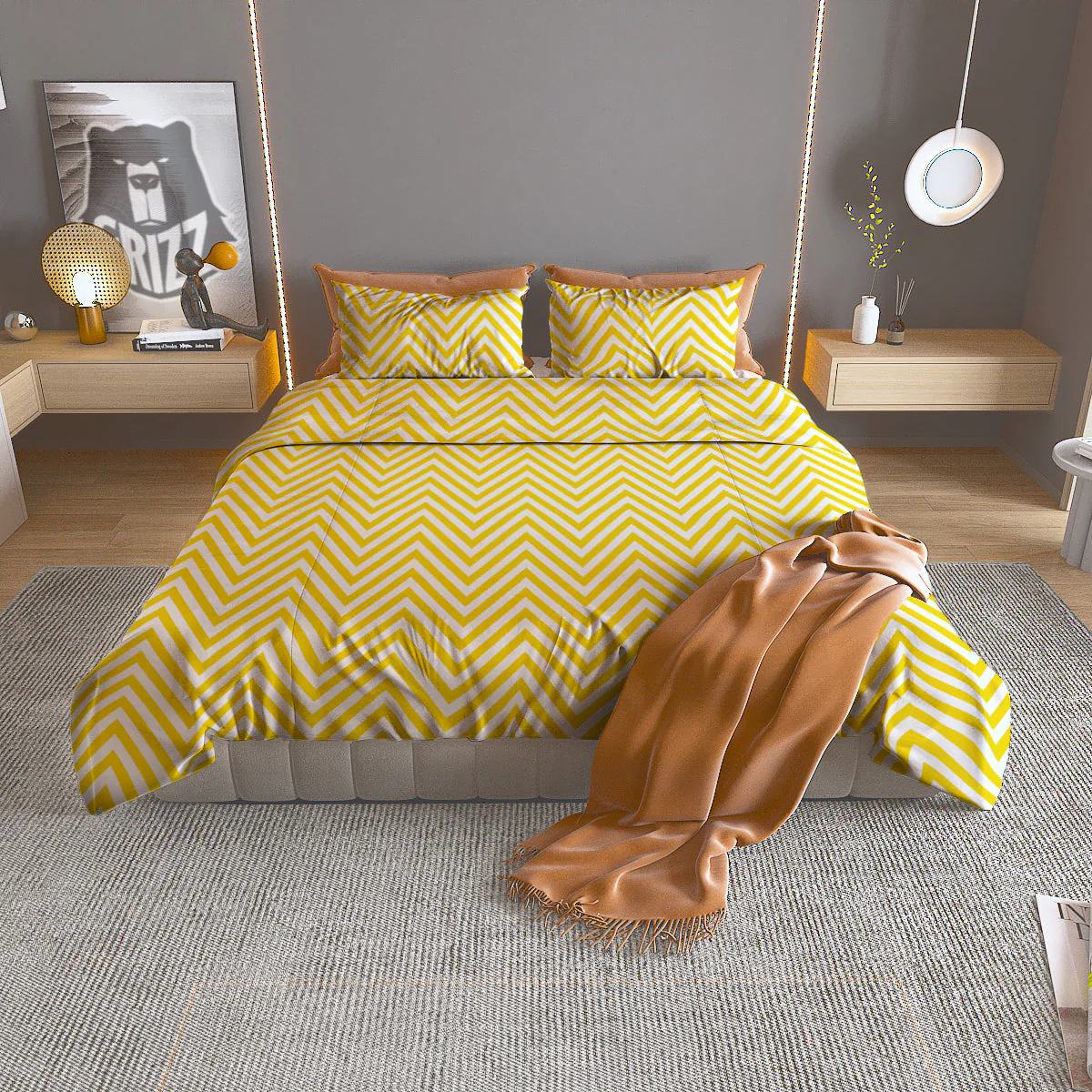 Zigzag Yellow And White Print Pattern Duvet Cover Bedding Set