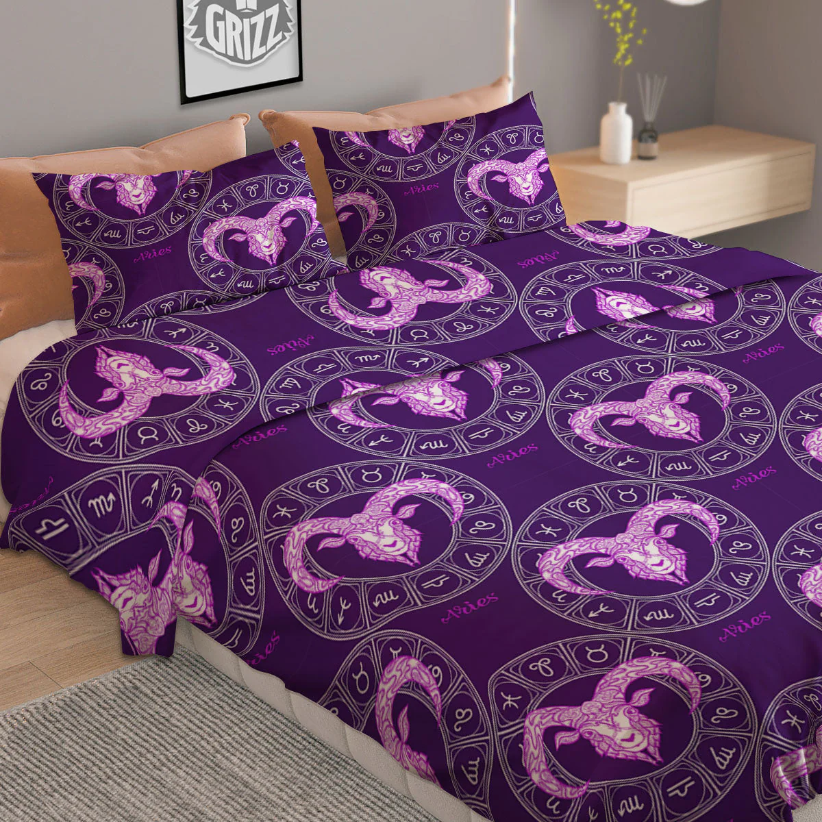 Zodiac Aries Purple Print Pattern Duvet Cover Bedding Set - Image 2