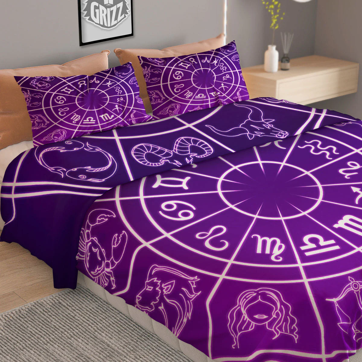 Zodiac Purple And White Signs Print Duvet Cover Bedding Set - Image 2