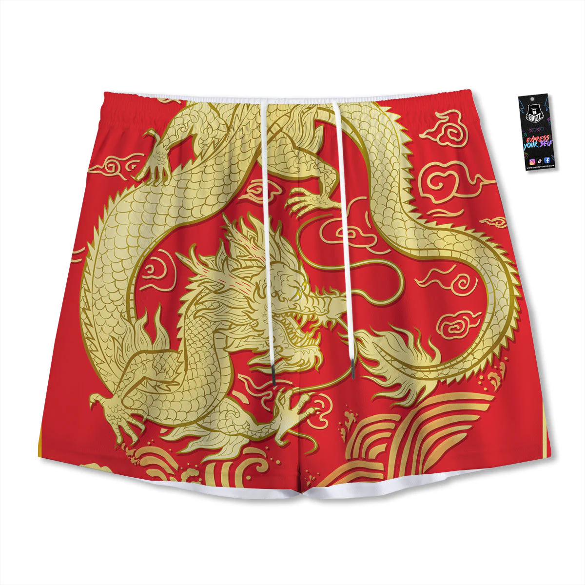 Zodiac Sign Chinese Dragon Print Mesh Shorts