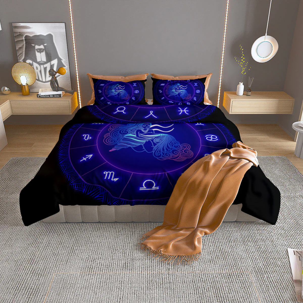 Zodiac Sign Dark Aquarius Print Duvet Cover Bedding Set