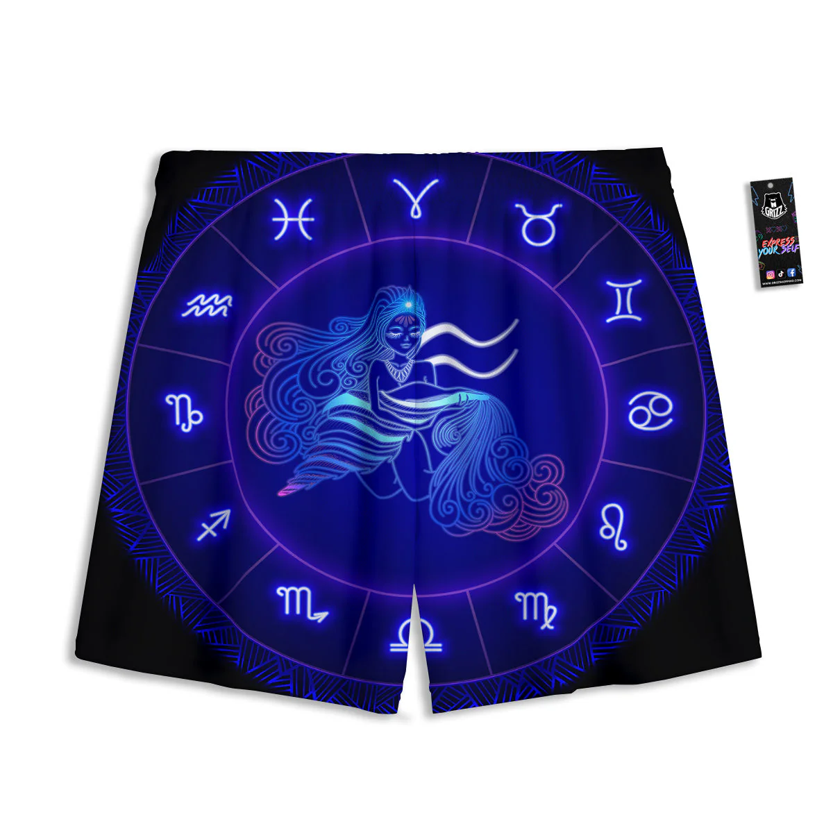 Zodiac Sign Dark Aquarius Print Mesh Shorts - Image 2