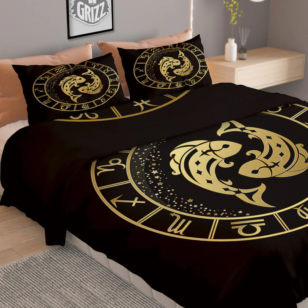 Zodiac Sign Golden Pisces Print Duvet Cover Bedding Set - Image 2