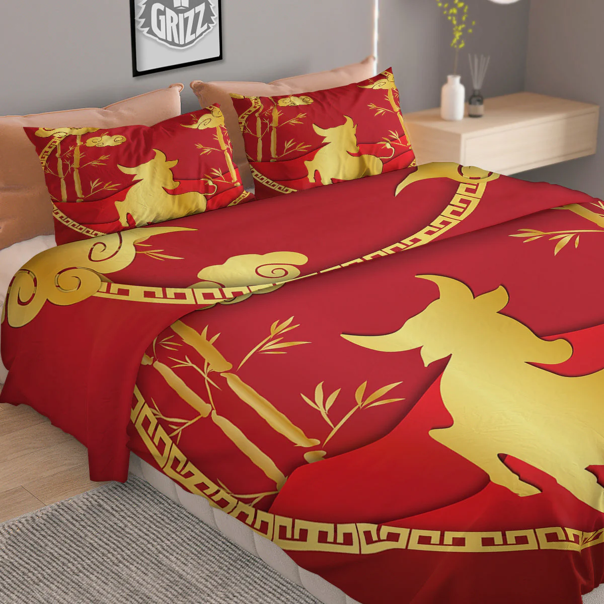 Zodiac Symbol Chinese Ox Print Duvet Cover Bedding Set - Image 2