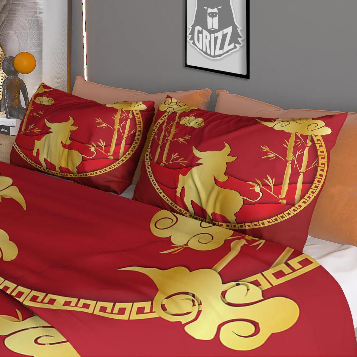 Zodiac Symbol Chinese Ox Print Duvet Cover Bedding Set - Image 3