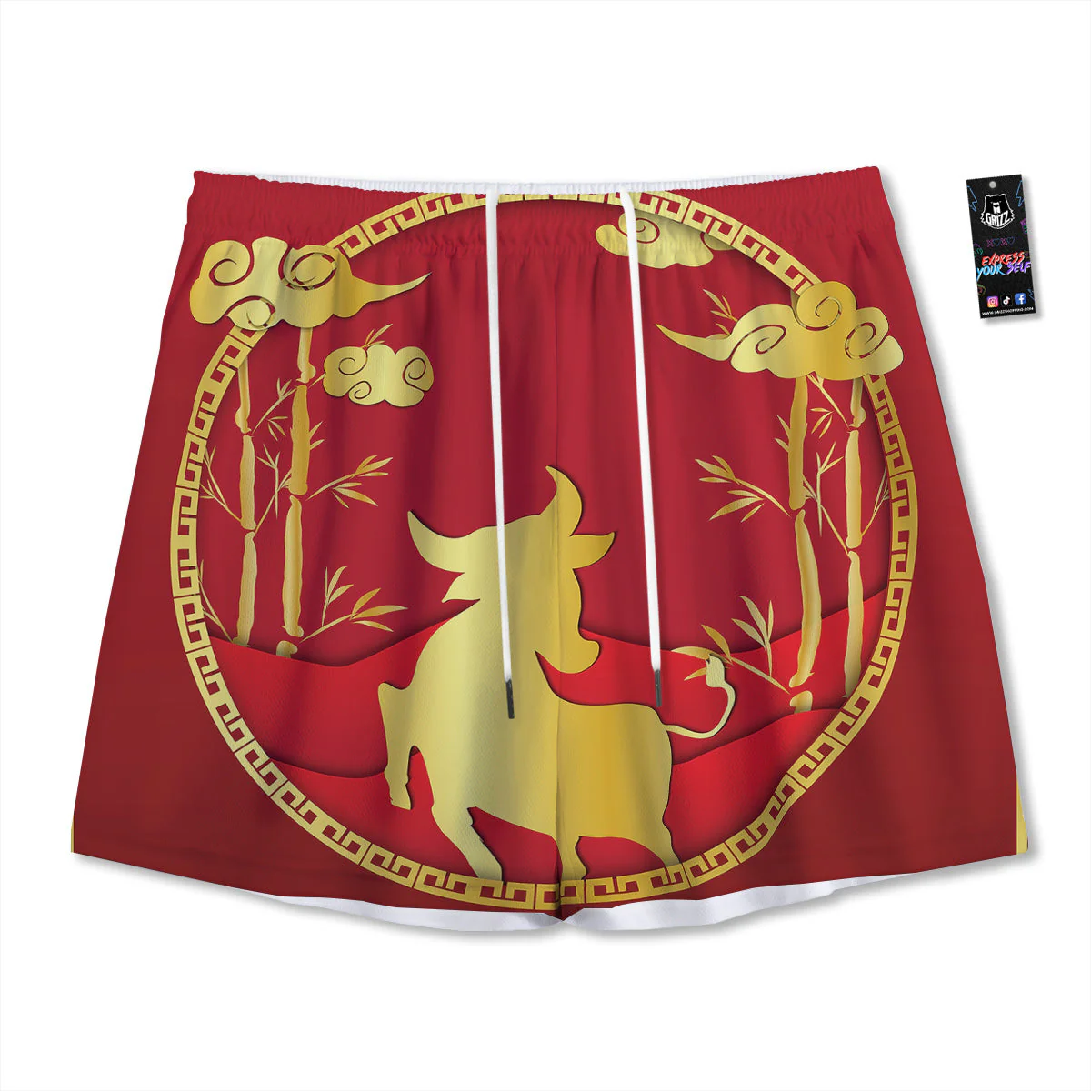 Zodiac Symbol Chinese Ox Print Mesh Shorts